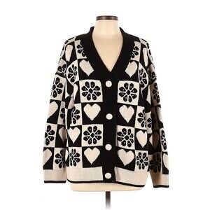 ZARA Black Ivory Knit Jacquard Cardigan - L